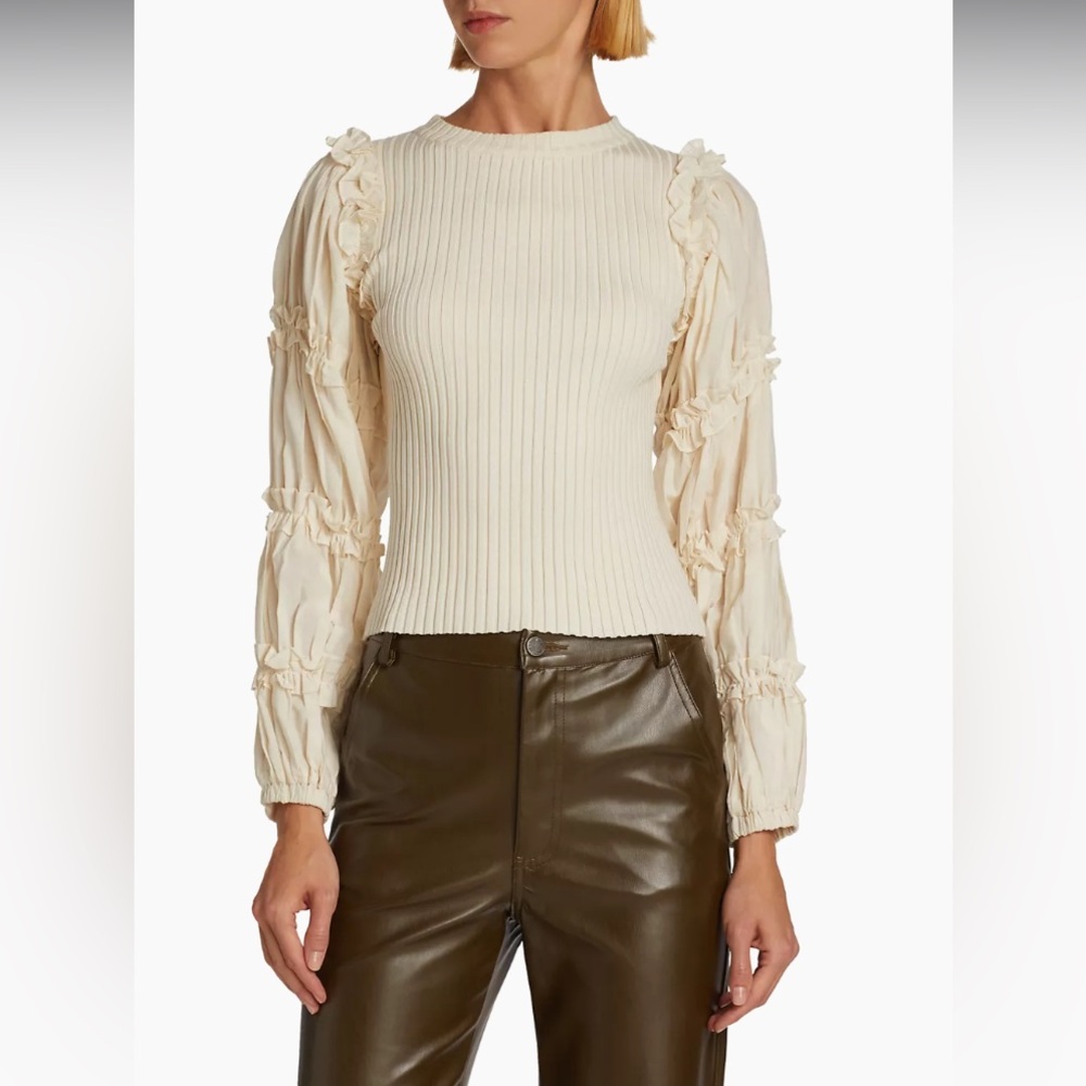 En Saison Lucille Mixed Media Ruffle Poplin Sleeve Blouse